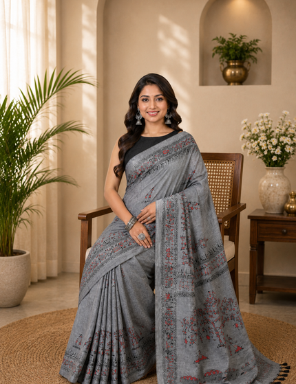 Grey Khadi Tree Print Saree — Handloom Everyday Elegance | Handcrafted saree | KalamKantha