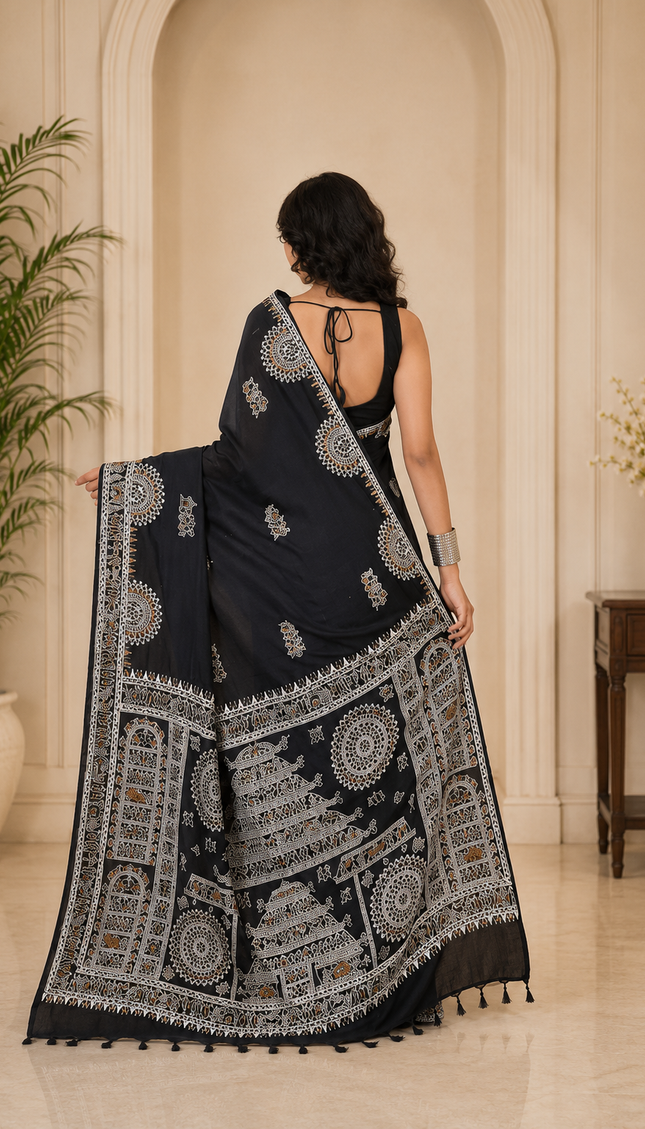 Black Khadi Madhubani Print Saree — White & Teal Folk Motifs | Handcrafted saree | KalamKantha