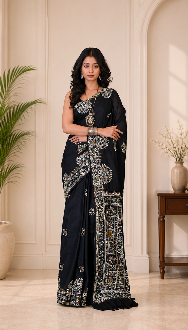 Black Khadi Madhubani Print Saree — White & Teal Folk Motifs | Handcrafted saree | KalamKantha