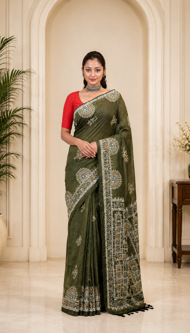 Olive Green Khadi Madhubani Saree — Multicolour Folk Art | Handcrafted saree | KalamKantha