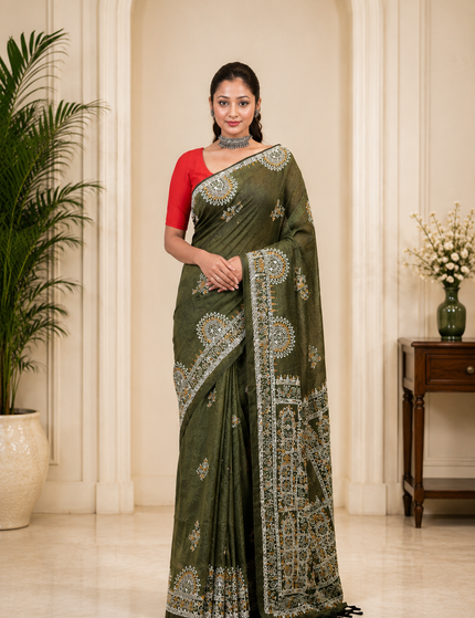 Olive Green Khadi Madhubani Saree — Multicolour Folk Art | Handcrafted saree | KalamKantha