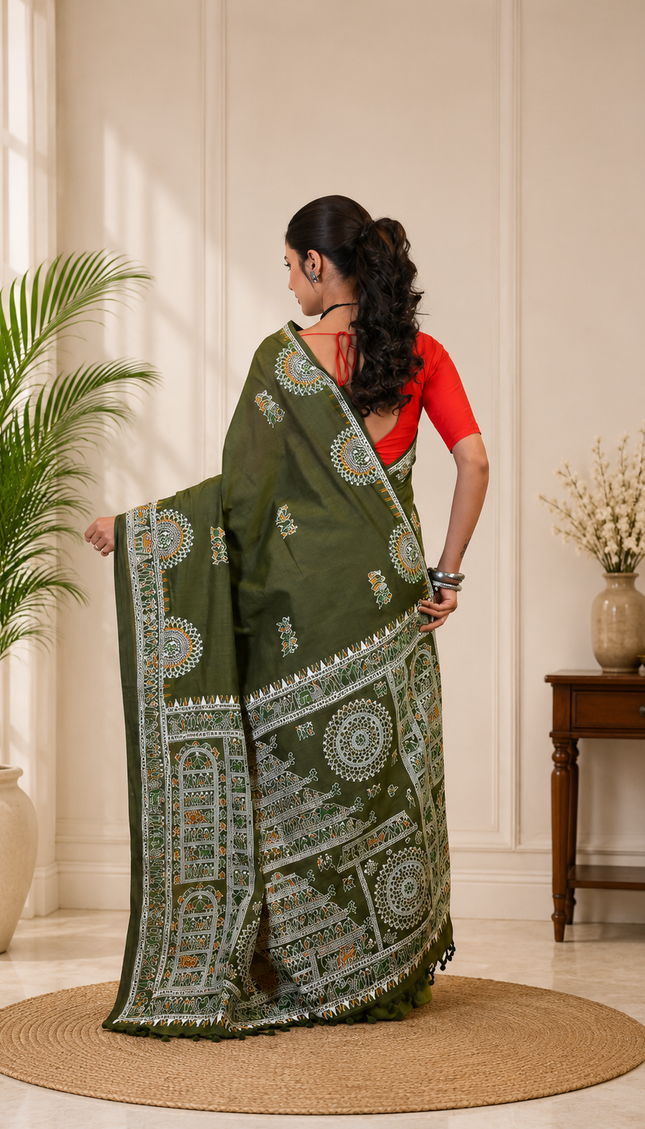 Olive Green Khadi Madhubani Saree — Multicolour Folk Art | Handcrafted saree | KalamKantha