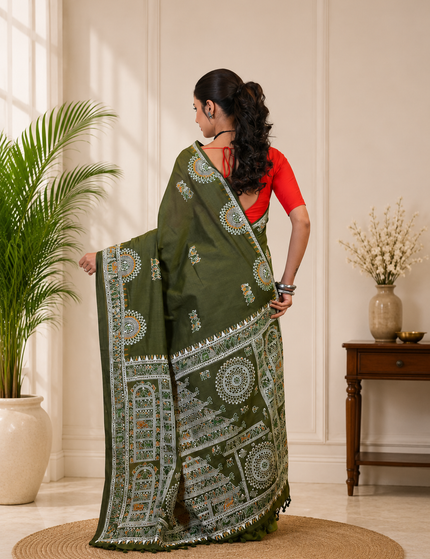 Olive Green Khadi Madhubani Saree — Multicolour Folk Art | Handcrafted saree | KalamKantha