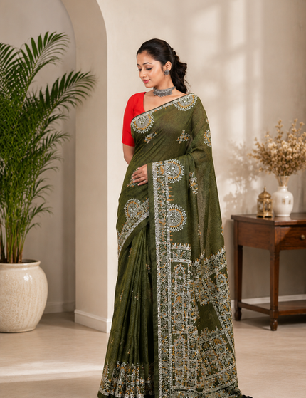 Olive Green Khadi Madhubani Saree — Multicolour Folk Art | Handcrafted saree | KalamKantha