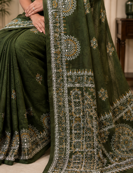 Olive Green Khadi Madhubani Saree — Multicolour Folk Art | Handcrafted saree | KalamKantha