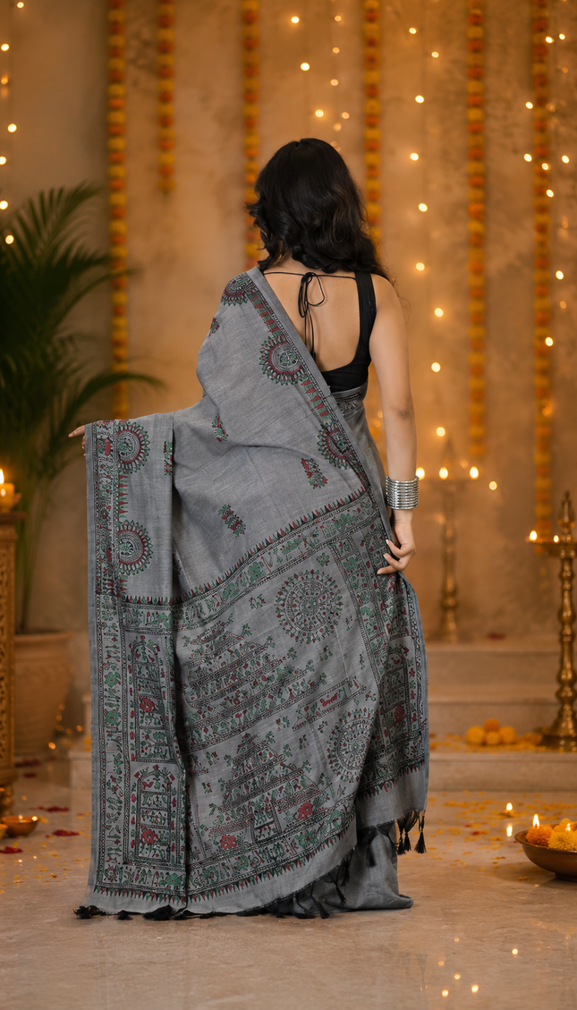 Grey Khadi Madhubani Print Saree — Multicolour Folk Art Handloom | Handcrafted saree | KalamKantha