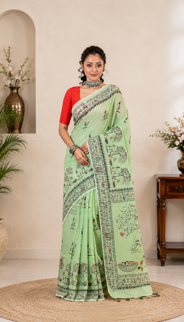 Mint Green Khadi Saree — Black & Red Warli Folk Print | Handcrafted saree | KalamKantha