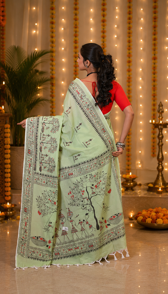 Mint Green Khadi Saree — Black & Red Warli Folk Print | Handcrafted saree | KalamKantha