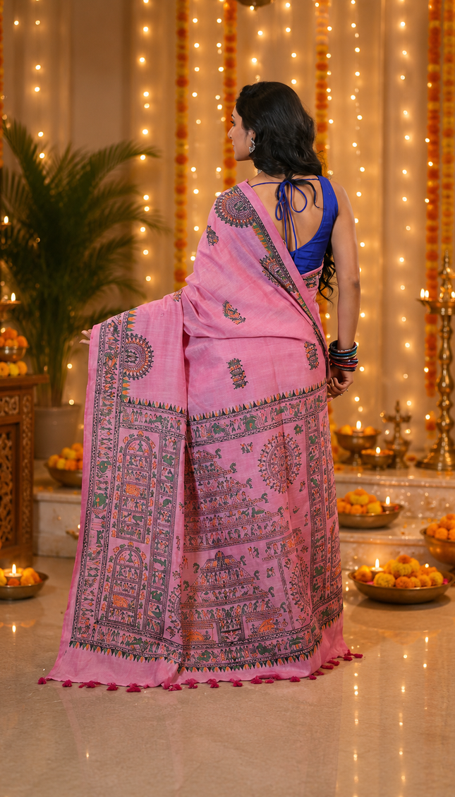 Pink Khadi Madhubani Saree — Multicolour Folk Art | Handcrafted saree | KalamKantha
