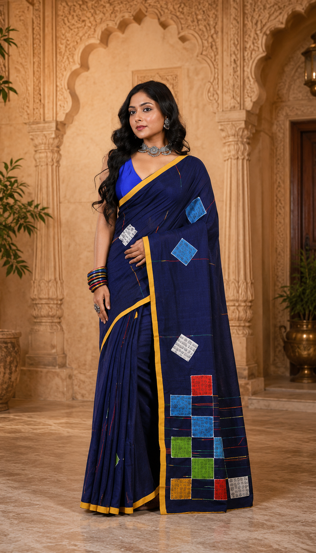 Navy Blue Baul Applique Saree — Patchwork & Yellow Border | Handcrafted saree | KalamKantha
