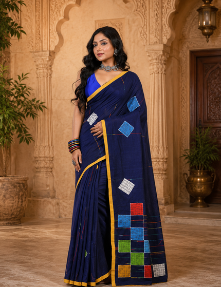 Navy Blue Baul Applique Saree — Patchwork & Yellow Border | Handcrafted saree | KalamKantha