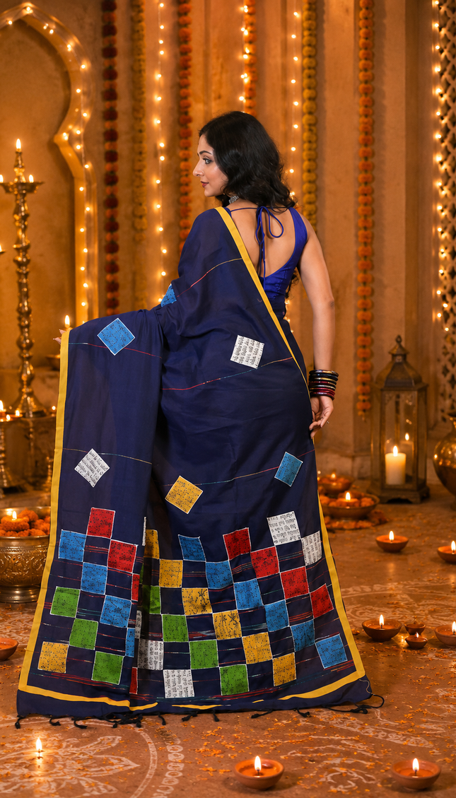Navy Blue Baul Applique Saree — Patchwork & Yellow Border | Handcrafted saree | KalamKantha