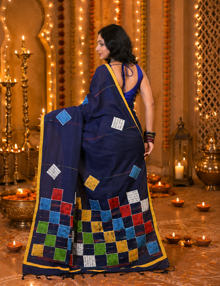 Navy Blue Baul Applique Saree — Patchwork & Yellow Border | Handcrafted saree | KalamKantha