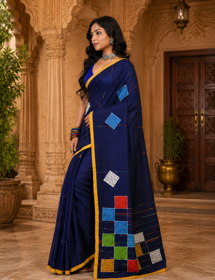 Navy Blue Baul Applique Saree — Patchwork & Yellow Border | Handcrafted saree | KalamKantha
