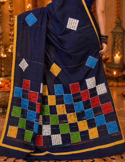 Navy Blue Baul Applique Saree — Patchwork & Yellow Border | Handcrafted saree | KalamKantha