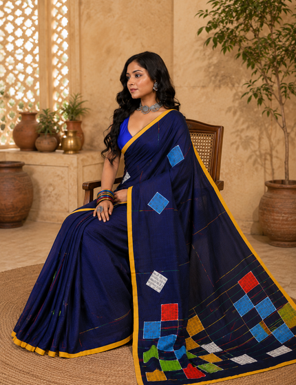 Navy Blue Baul Applique Saree — Patchwork & Yellow Border | Handcrafted saree | KalamKantha