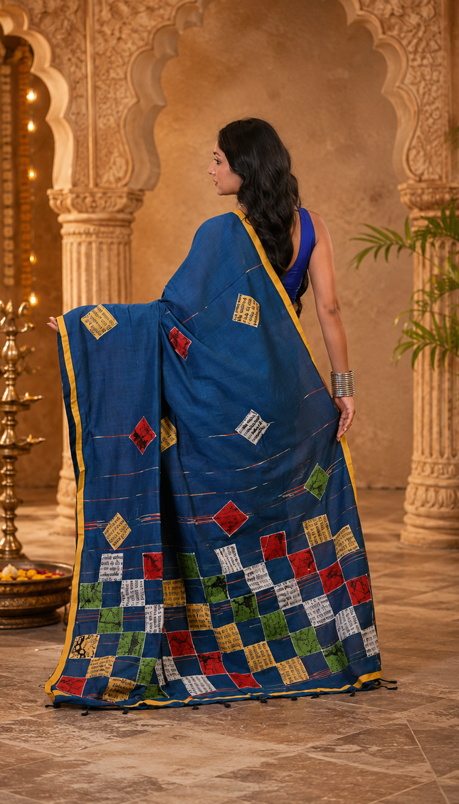Teal Baul Applique Saree — Multicolour Patchwork & Yellow Border | Handcrafted saree | KalamKantha