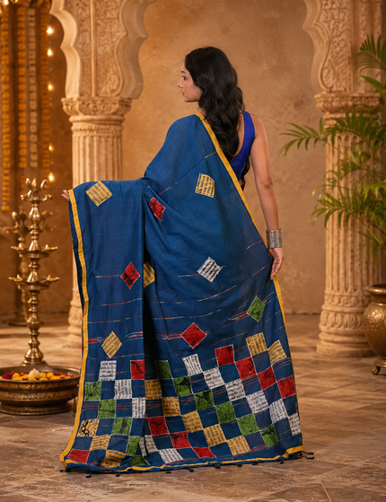 Teal Baul Applique Saree — Multicolour Patchwork & Yellow Border | Handcrafted saree | KalamKantha