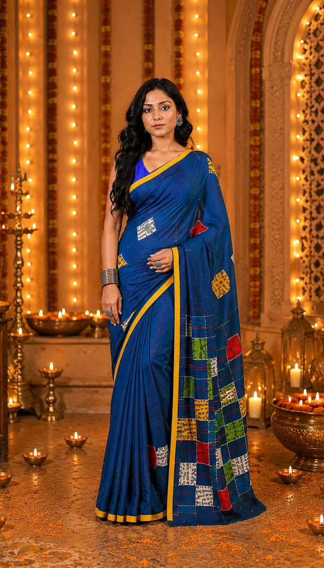Teal Baul Applique Saree — Multicolour Patchwork & Yellow Border | Handcrafted saree | KalamKantha