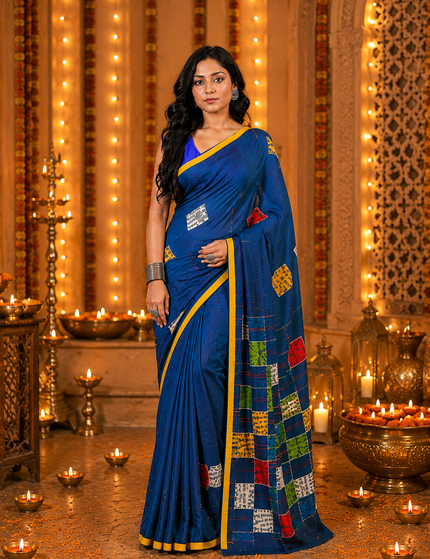 Teal Baul Applique Saree — Multicolour Patchwork & Yellow Border | Handcrafted saree | KalamKantha