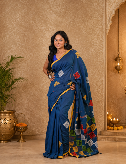 Teal Baul Applique Saree — Multicolour Patchwork & Yellow Border | Handcrafted saree | KalamKantha