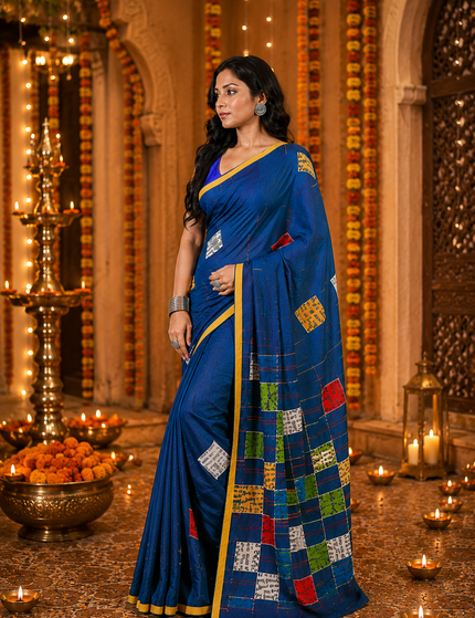 Teal Baul Applique Saree — Multicolour Patchwork & Yellow Border | Handcrafted saree | KalamKantha