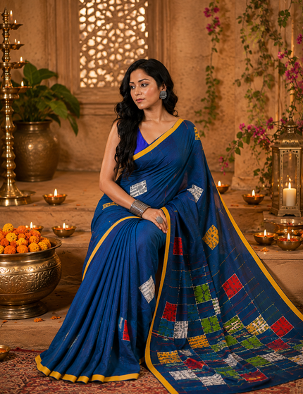 Teal Baul Applique Saree — Multicolour Patchwork & Yellow Border | Handcrafted saree | KalamKantha