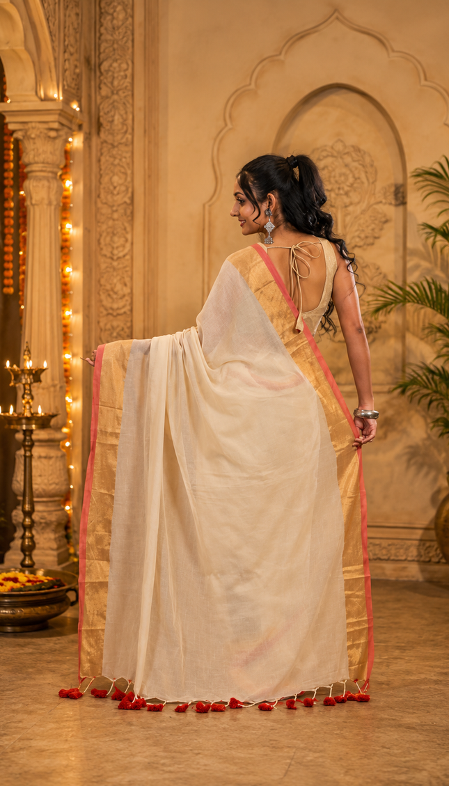 Off-White Love Khadi Cotton Saree — Red Hearts & Gold Zari | Handcrafted saree | KalamKantha