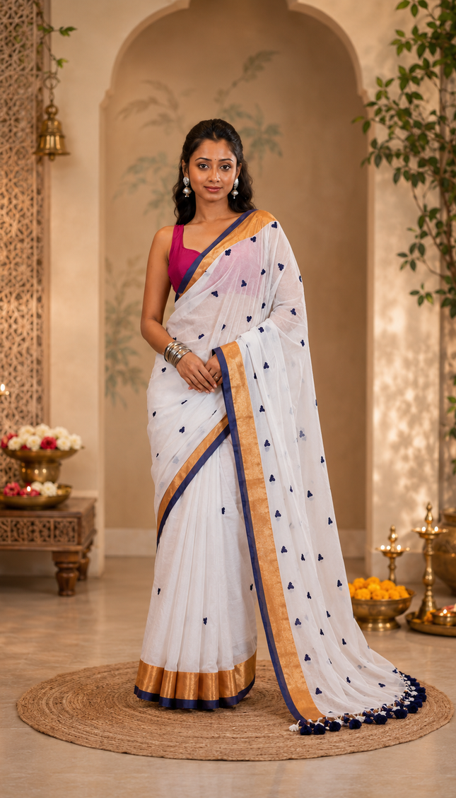 White Mulmul Cotton Saree — Violet Hearts & Gold Zari | Handcrafted saree | KalamKantha