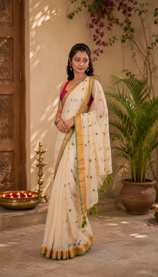 Off-White Mulmul Cotton Saree — Green Hearts & Gold Zari | Handcrafted saree | KalamKantha