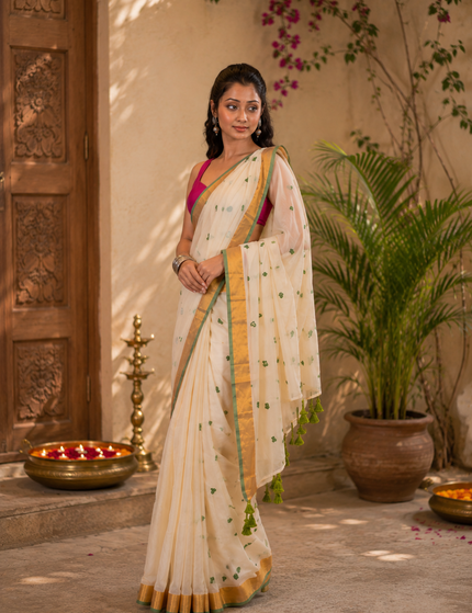 Off-White Mulmul Cotton Saree — Green Hearts & Gold Zari | Handcrafted saree | KalamKantha