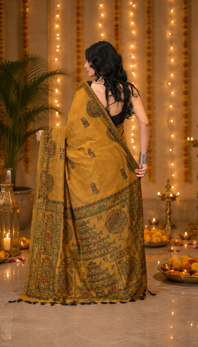 Mustard Khadi Madhubani Print Saree — Multicolour Folk Art Handloom | Handcrafted saree | KalamKantha