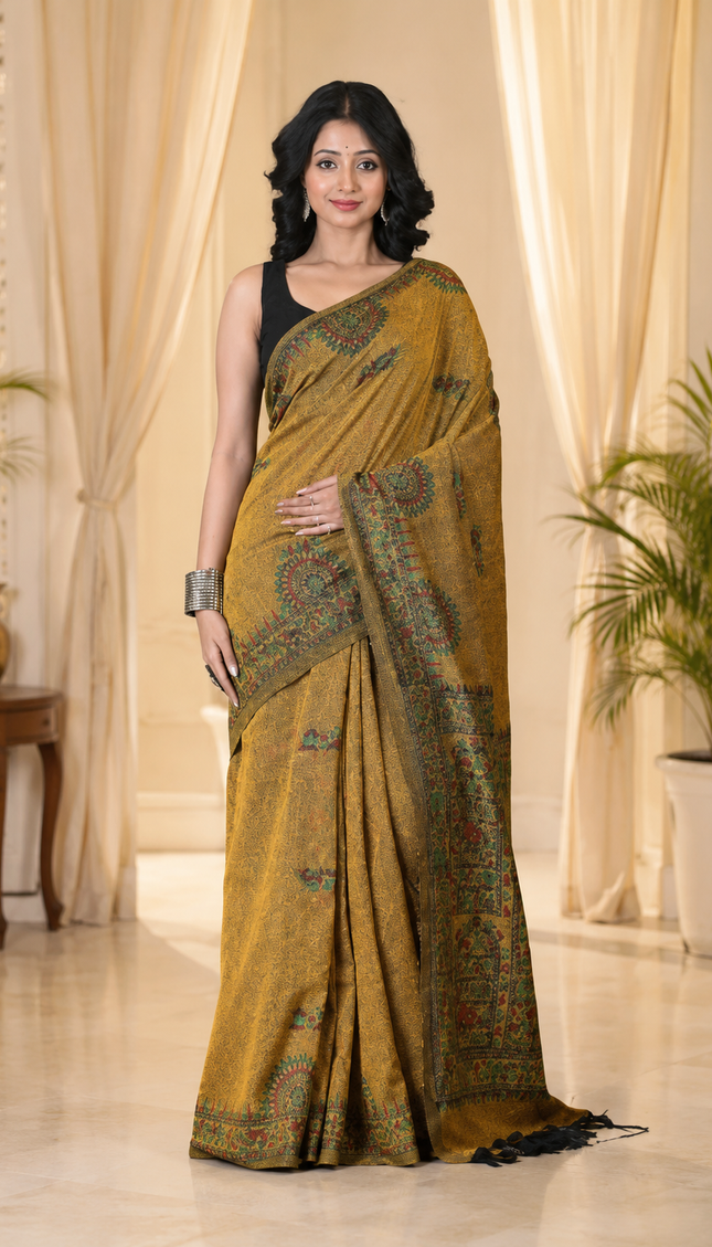 Mustard Khadi Madhubani Print Saree — Multicolour Folk Art Handloom | Handcrafted saree | KalamKantha