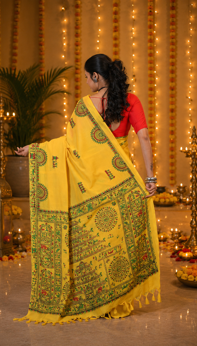 Traditional Yellow Khadi Saree | Madhubani Print | Handcrafted saree | KalamKantha
