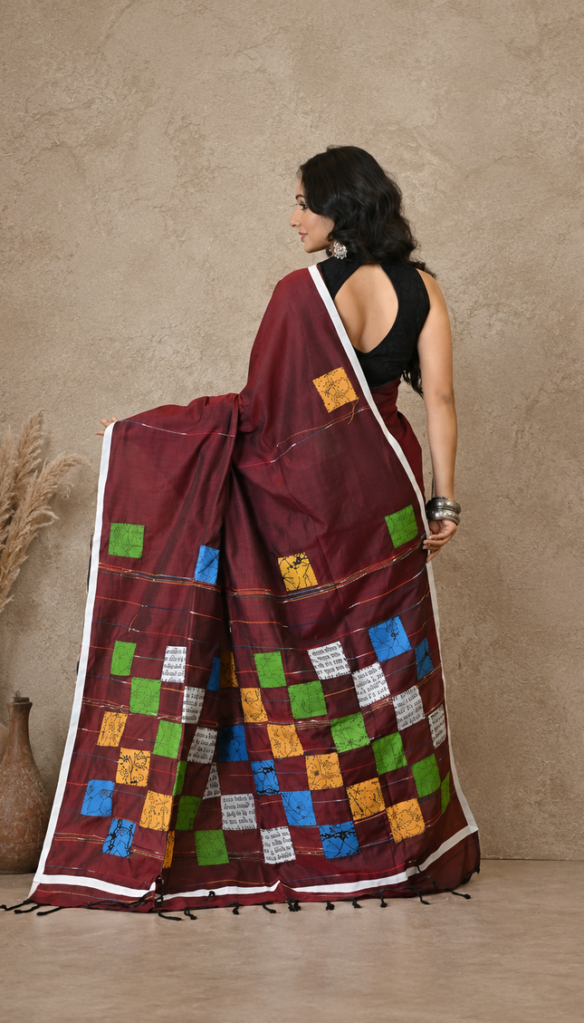 Maroon Baul Applique Saree — Multicolour Patchwork Square Motifs & White Border | Handcrafted saree | KalamKantha