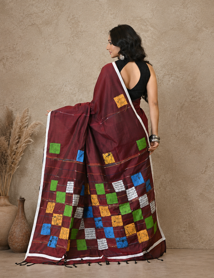 Maroon Baul Applique Saree — Multicolour Patchwork Square Motifs & White Border | Handcrafted saree | KalamKantha