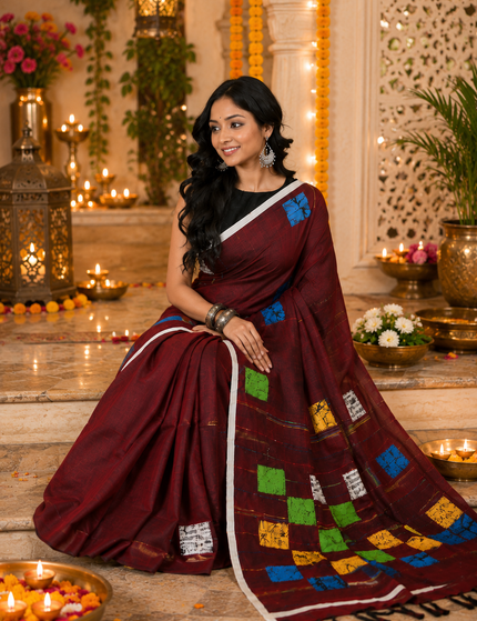 Maroon Baul Applique Saree — Multicolour Patchwork Square Motifs & White Border | Handcrafted saree | KalamKantha