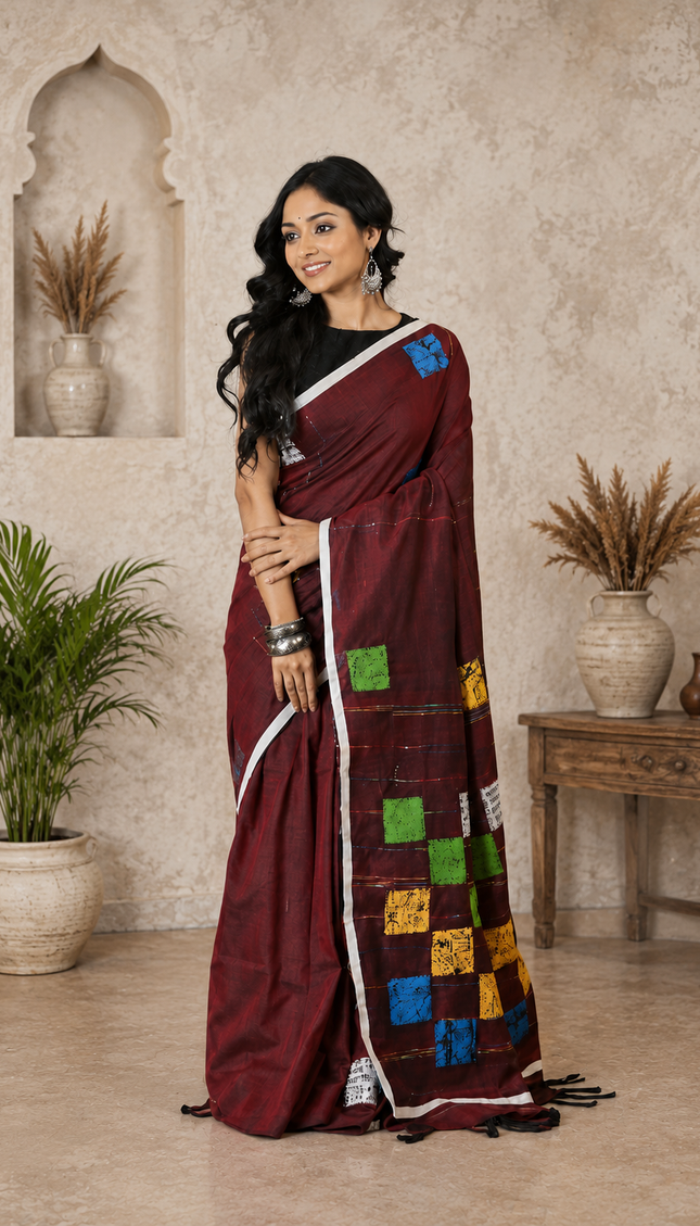 Maroon Baul Applique Saree — Multicolour Patchwork Square Motifs & White Border | Handcrafted saree | KalamKantha