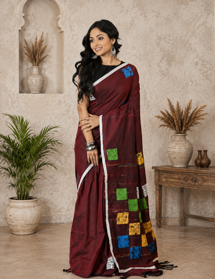 Maroon Baul Applique Saree — Multicolour Patchwork Square Motifs & White Border | Handcrafted saree | KalamKantha