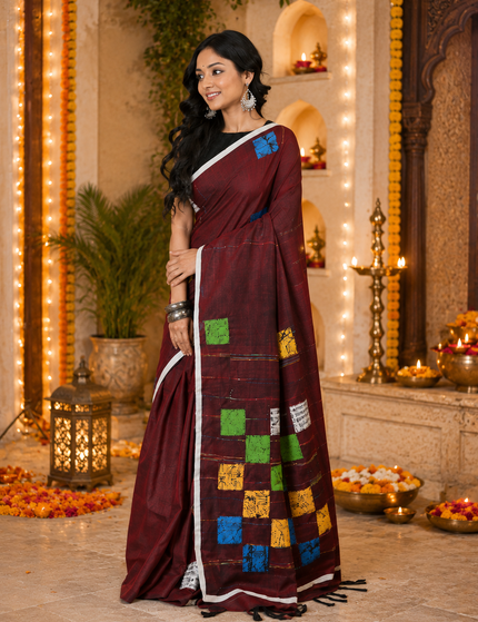Maroon Baul Applique Saree — Multicolour Patchwork Square Motifs & White Border | Handcrafted saree | KalamKantha