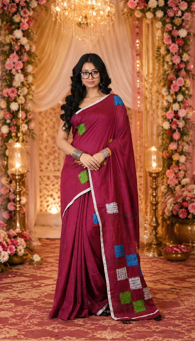 Magenta Baul Applique Saree — Multicolour Patchwork | Handcrafted saree | KalamKantha