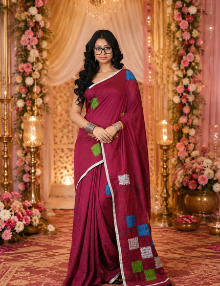 Magenta Baul Applique Saree — Multicolour Patchwork | Handcrafted saree | KalamKantha