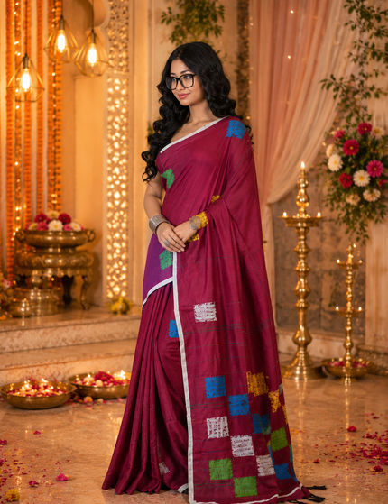 Magenta Baul Applique Saree — Multicolour Patchwork | Handcrafted saree | KalamKantha