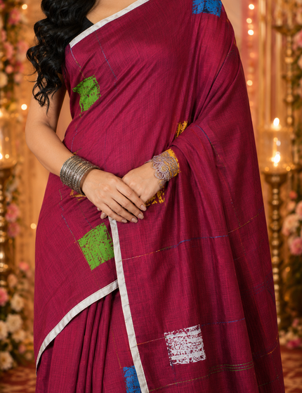 Magenta Baul Applique Saree — Multicolour Patchwork | Handcrafted saree | KalamKantha