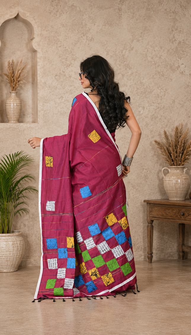 Magenta Baul Applique Saree — Multicolour Patchwork | Handcrafted saree | KalamKantha