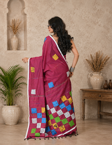 Magenta Baul Applique Saree — Multicolour Patchwork | Handcrafted saree | KalamKantha