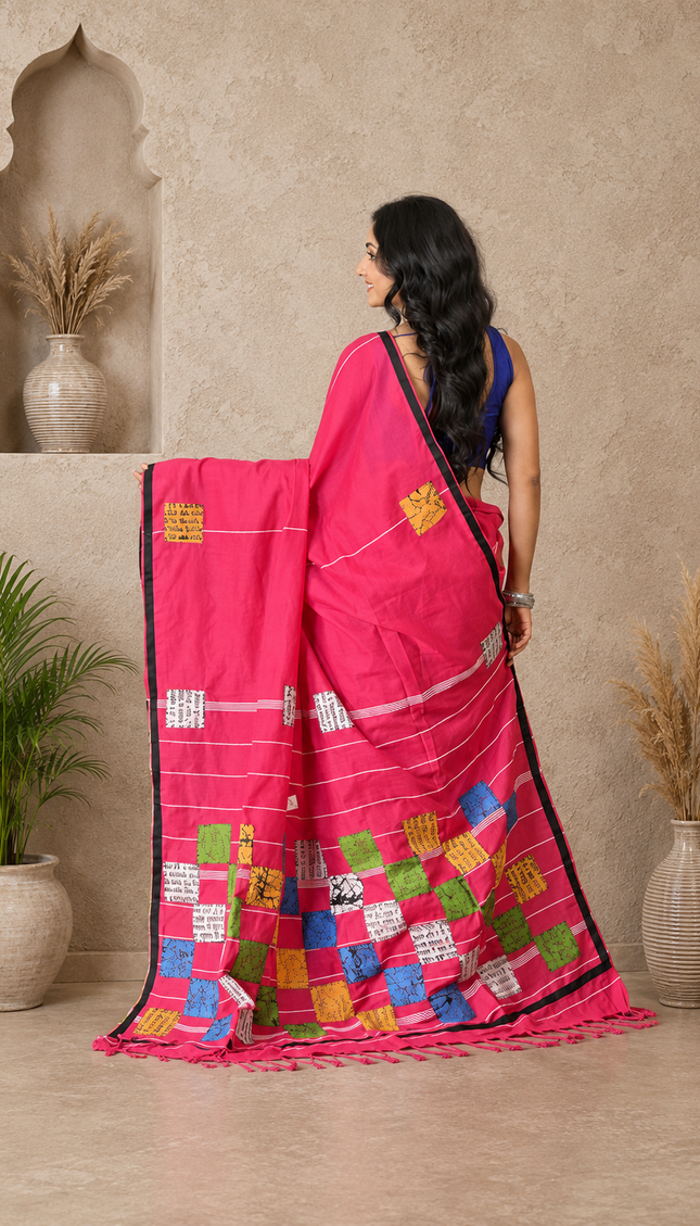 Pink Baul Applique Saree — Multicolour Patchwork & Black Border | Handcrafted saree | KalamKantha