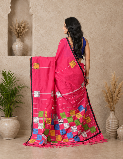 Pink Baul Applique Saree — Multicolour Patchwork & Black Border | Handcrafted saree | KalamKantha