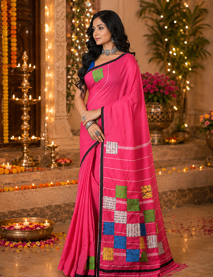 Pink Baul Applique Saree — Multicolour Patchwork & Black Border | Handcrafted saree | KalamKantha