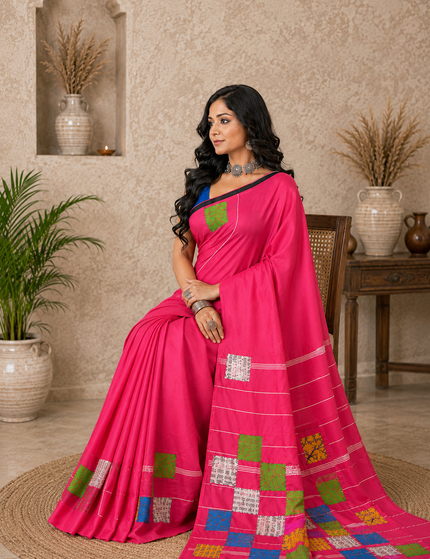 Pink Baul Applique Saree — Multicolour Patchwork & Black Border | Handcrafted saree | KalamKantha